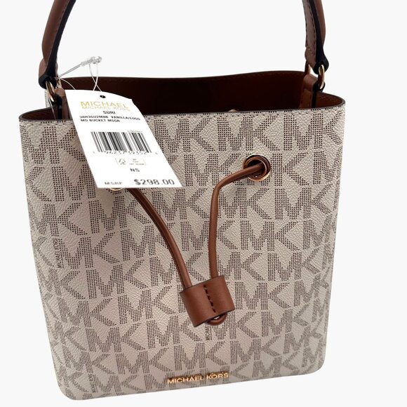 Michael Kors Small Drawstring Bucket Bag Vanilla/Brown Canvas Leather Logo - Picture 4 of 14